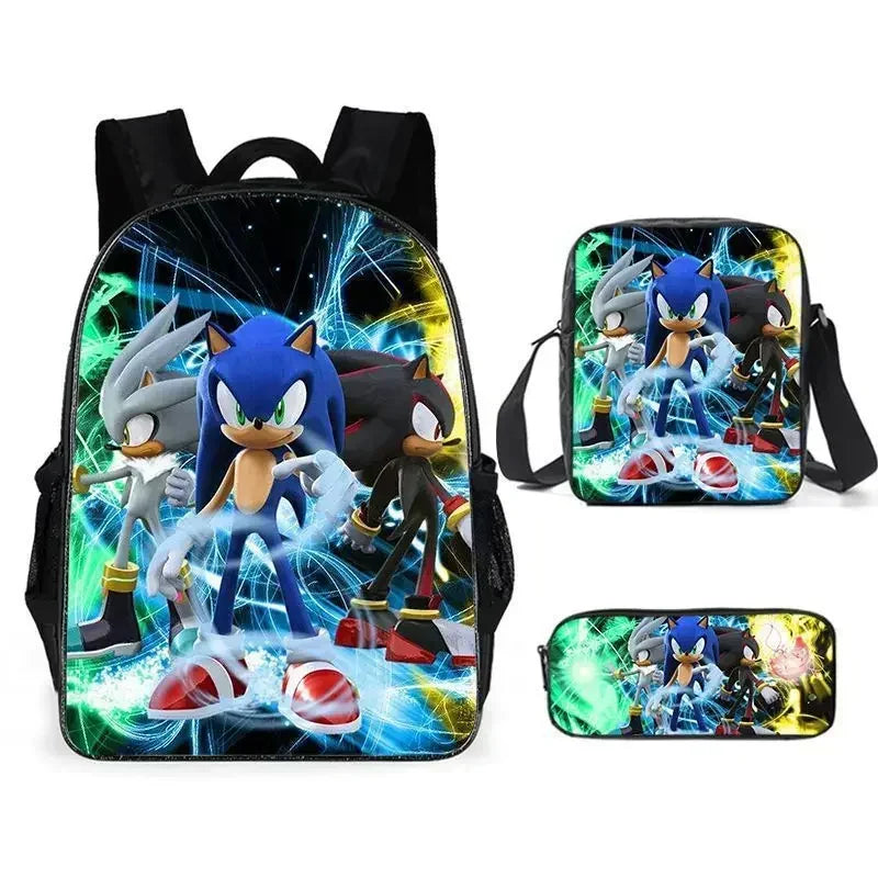 3PC Cartoon School Bag Set – Sonic Lunch Bag, Pencil Case & Backpack for Primary & Middle School Students
