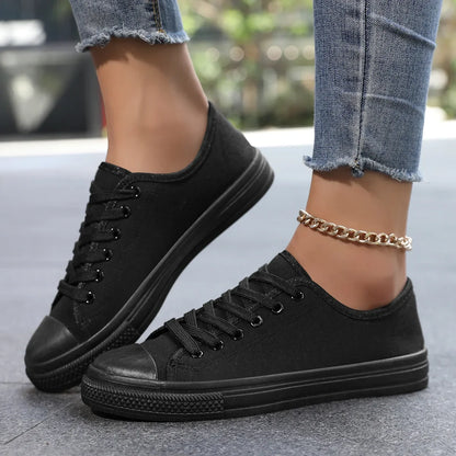 Black Canvas Shoes for Women – 2025 Spring/Autumn Casual Breathable Plimsoll Sneakers, Comfortable Style