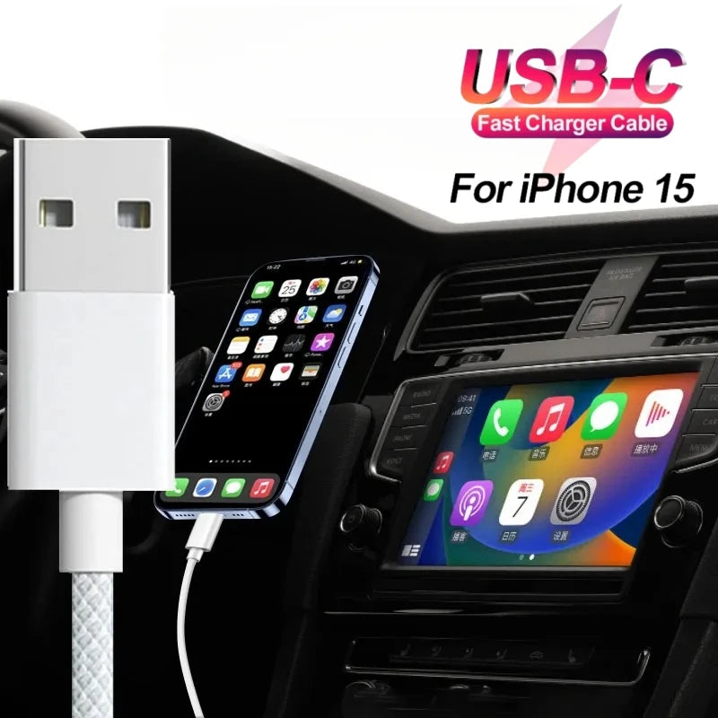 Nylon Braided USB-C Fast Charging CarPlay Cable for iPhone 15/15 Pro/15 Pro Max/15 Plus