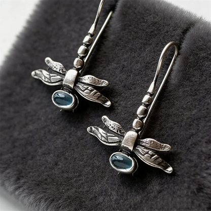 Retro Dragonfly Dangle Earrings - Silver Color Jewelry with Blue Stone Inlay for Women Party & Engagement Fashion