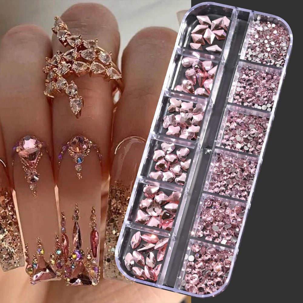 12-Grid 3D Glass AB Crystal Nail Art Rhinestones Kit – Flatback Round Beads with Tools for Nail Jewelry & Diamond Decoration
