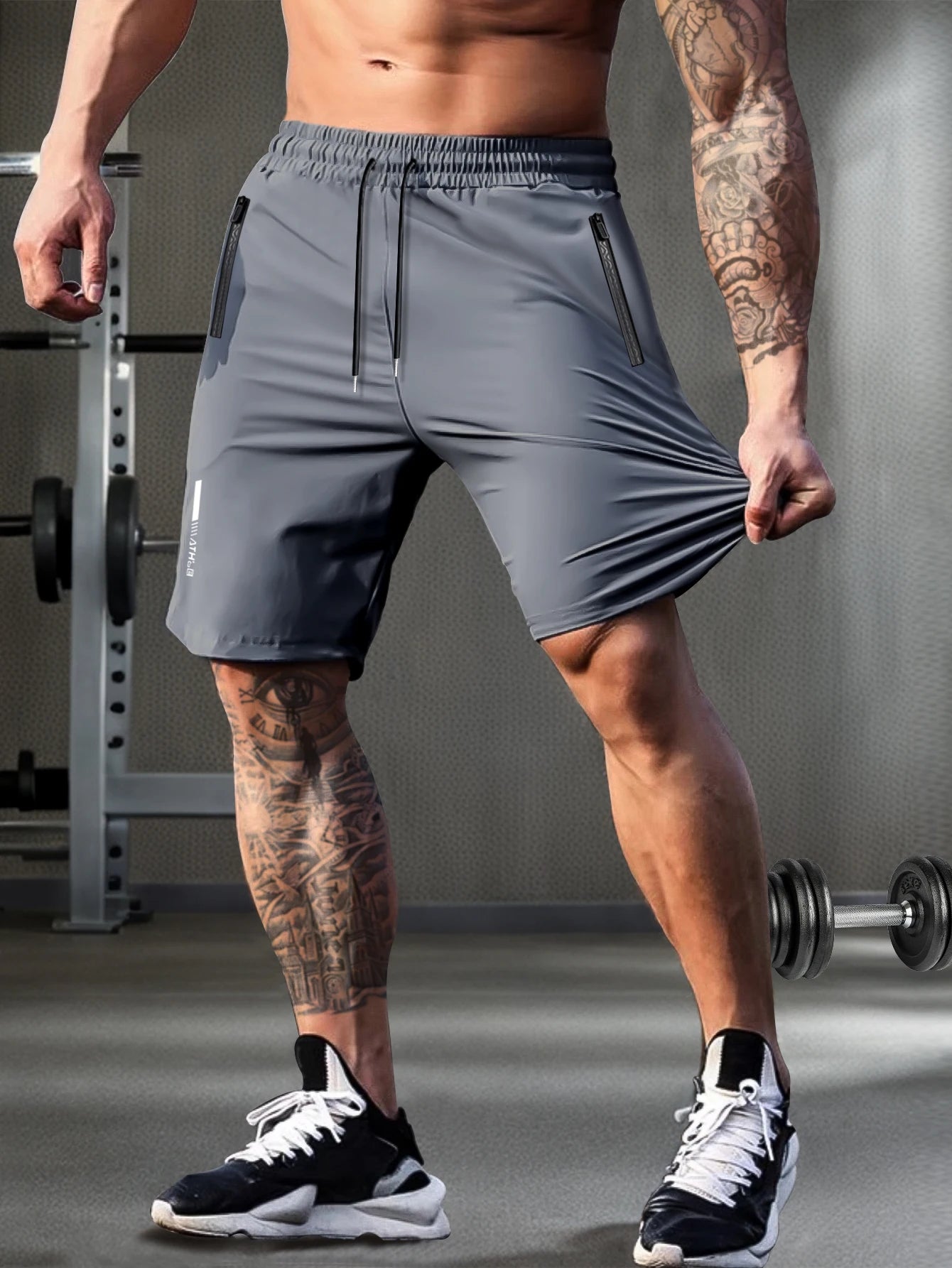 Men’s Solid Color Casual Shorts – Elastic Waist with Drawstring and Zipper Pockets, Loose Fit High Elasticity