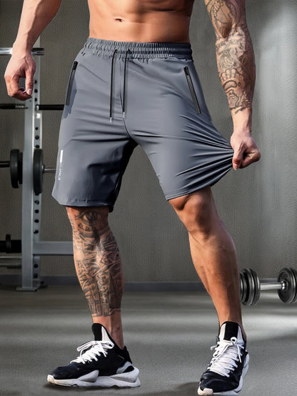 Men’s Solid Color Casual Shorts – Elastic Waist with Drawstring and Zipper Pockets, Loose Fit High Elasticity