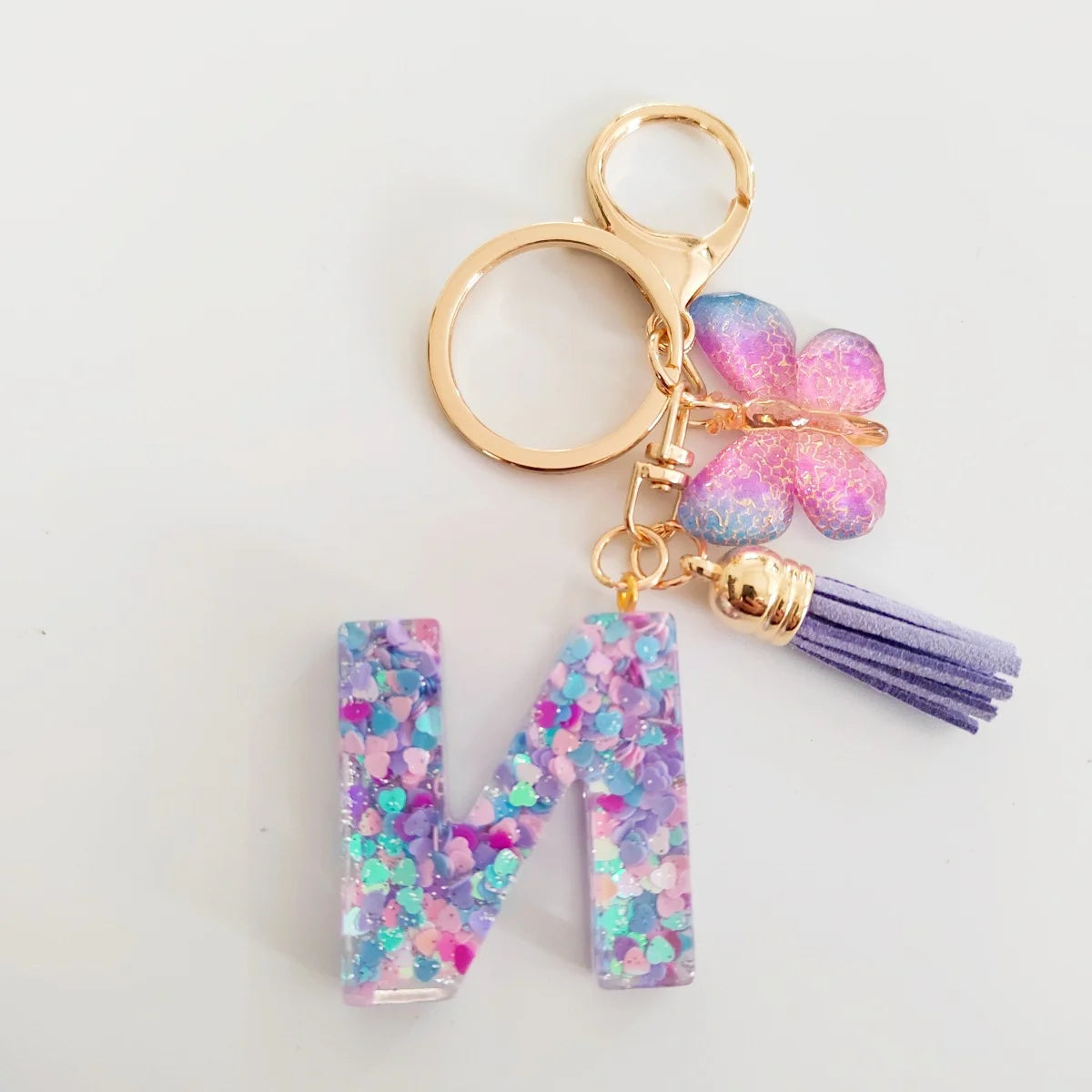 Butterfly Fringe Initial Keychain - Sequin A-Z Letter Bag Charm for Women, Students & Gifts