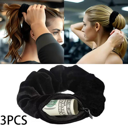 Velvet Scrunchie with Hidden Pocket – Zippered Elastic Hair Tie & Headband, Stylish Ponytail Holder with Secret Storage Accessory for Women & Girls