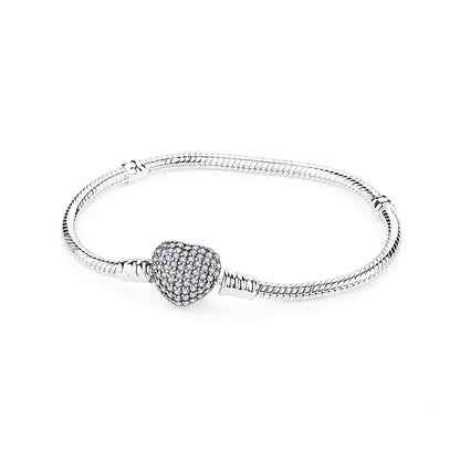925 Sterling Silver Love Heart Charm Bracelet – Rose Gold Snake Chain Bangle for Women | DIY Luxury Bead Jewelry Accessories