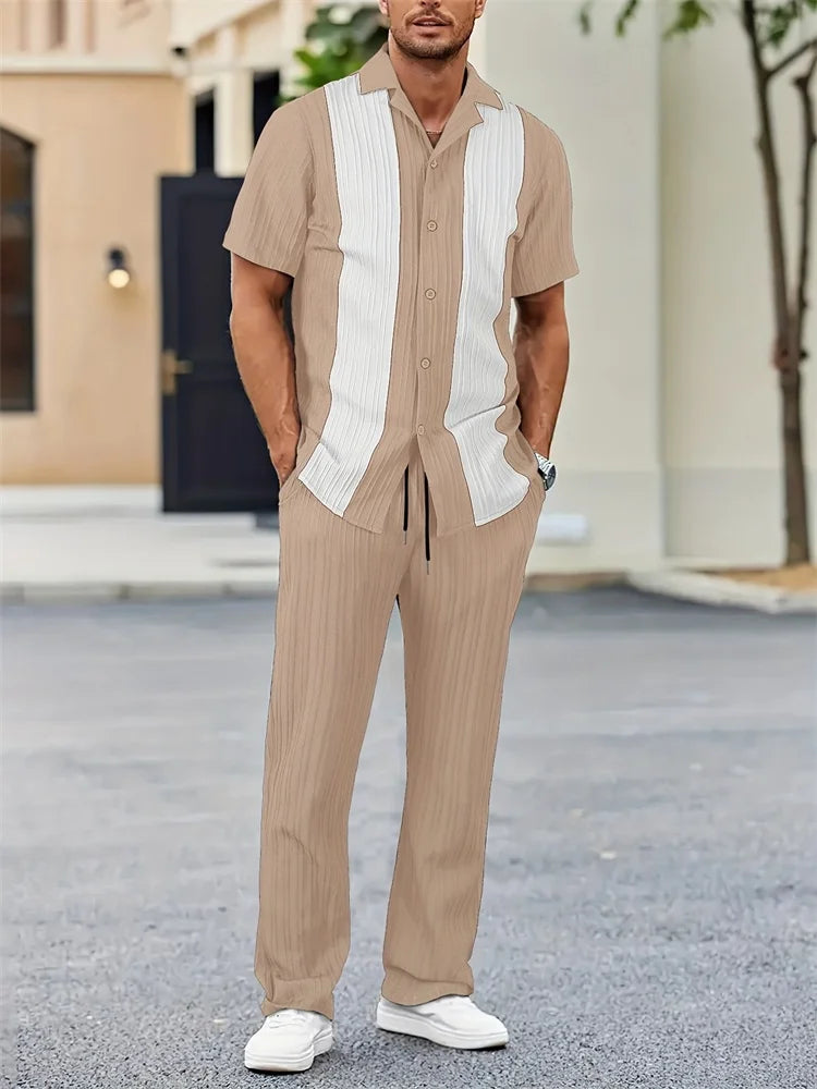 Men's Light Blue Striped Shirt Set - 3D Printed Casual Lapel Shirt for Autumn Outdoor Style