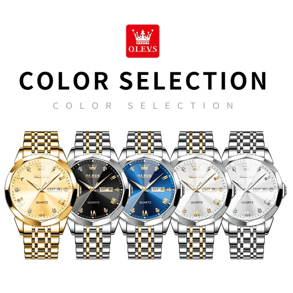 OLEVS Men's Gold Quartz Wristwatch – Waterproof Luminous, Rhombus Mirror with Date and Week, Luxury Dress Watch