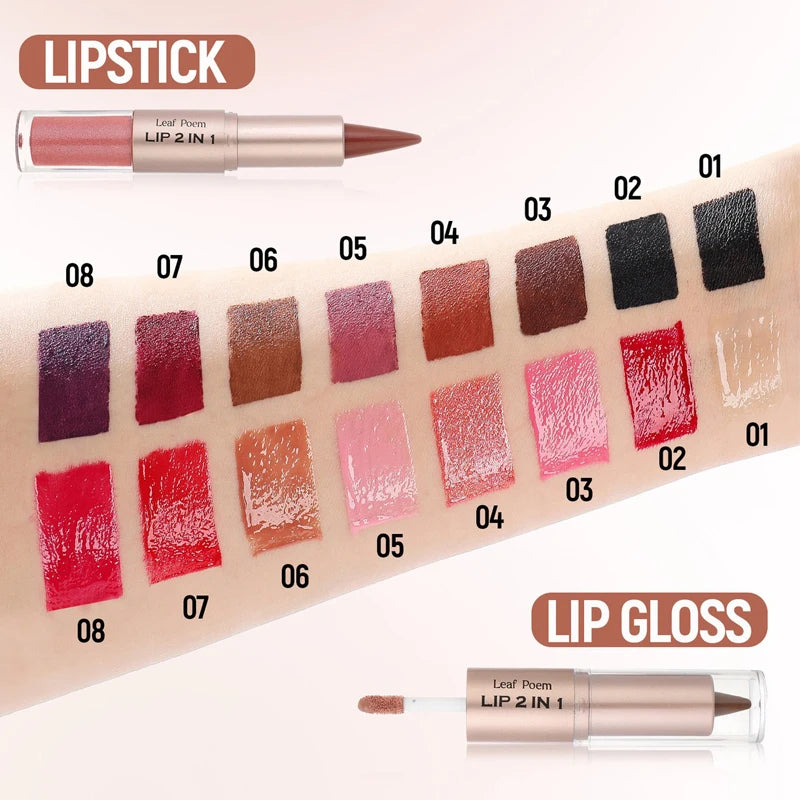 Double-Ended Lip Liner and Gloss Set - Tapered Lip Contour Pencil with Mirror, Plumping Crystal Lip Glaze, and Red Lip Tint