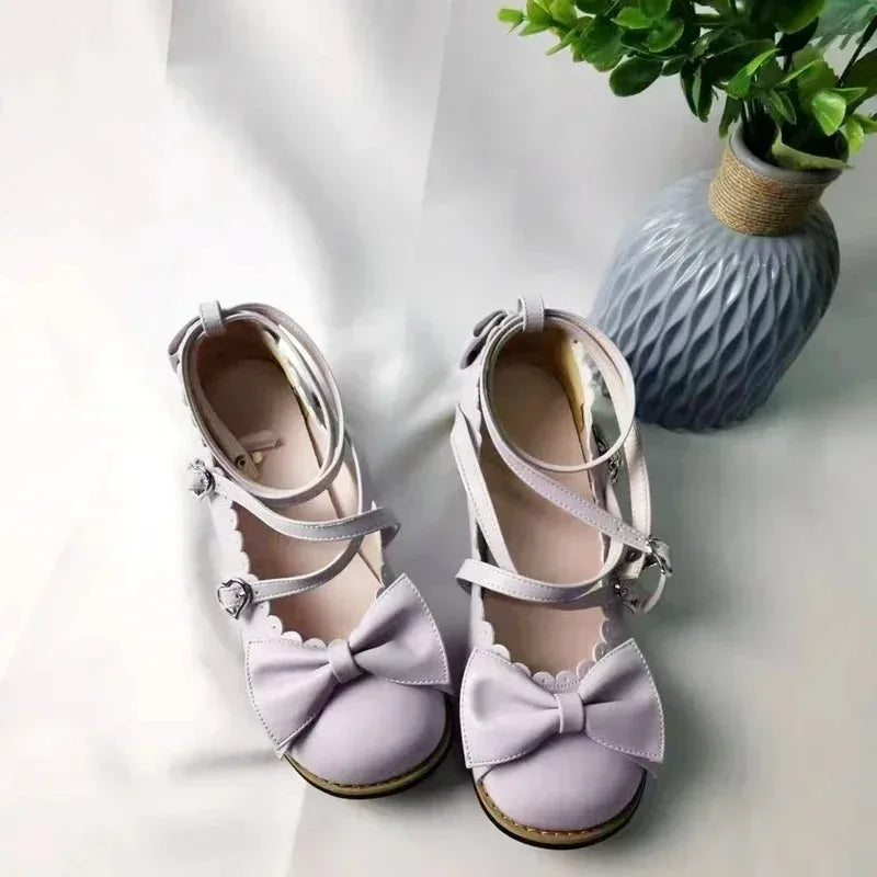 HoneyCherry Lolita Princess Shoes – Women’s Cute Flats with Bow, Cross Straps & Low Round Design
