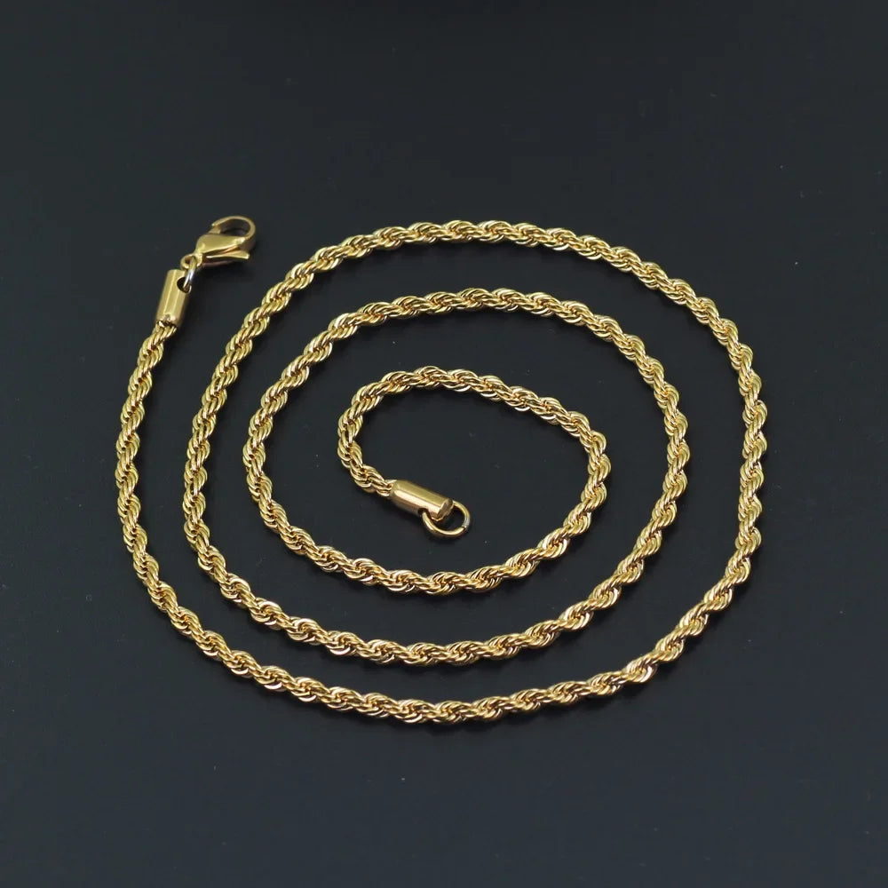304 Stainless Steel Twist Rope Chain Necklace – PVD Gold Plated, 2-5mm Width for Men & Women, Fashion Accessories