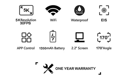 F6W Action Camera — 5K/4K60FPS, 48MP, 2.2" Touch LCD, EIS, Dual Screen, Wi-Fi, 170° Waterproof 30M, 8X Zoom Sports Camera with Wireless Mic