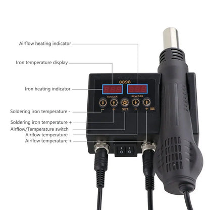 2-in-1 Soldering Station | Digital Temperature Adjustable SMD Solder Iron & Hot Air Heat Gun for PCB & IC Repair