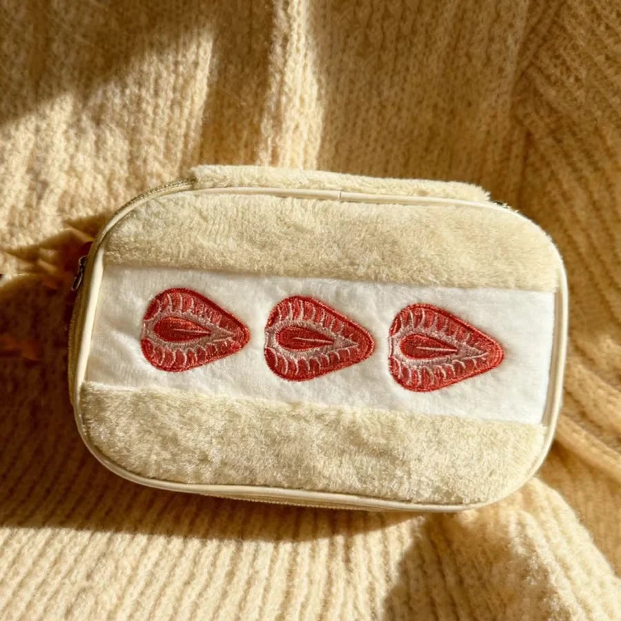 HOMEFISH Strawberry Plush Makeup Bag - Cute Embroidered Multi-Function Cosmetic Storage Pouch for Women