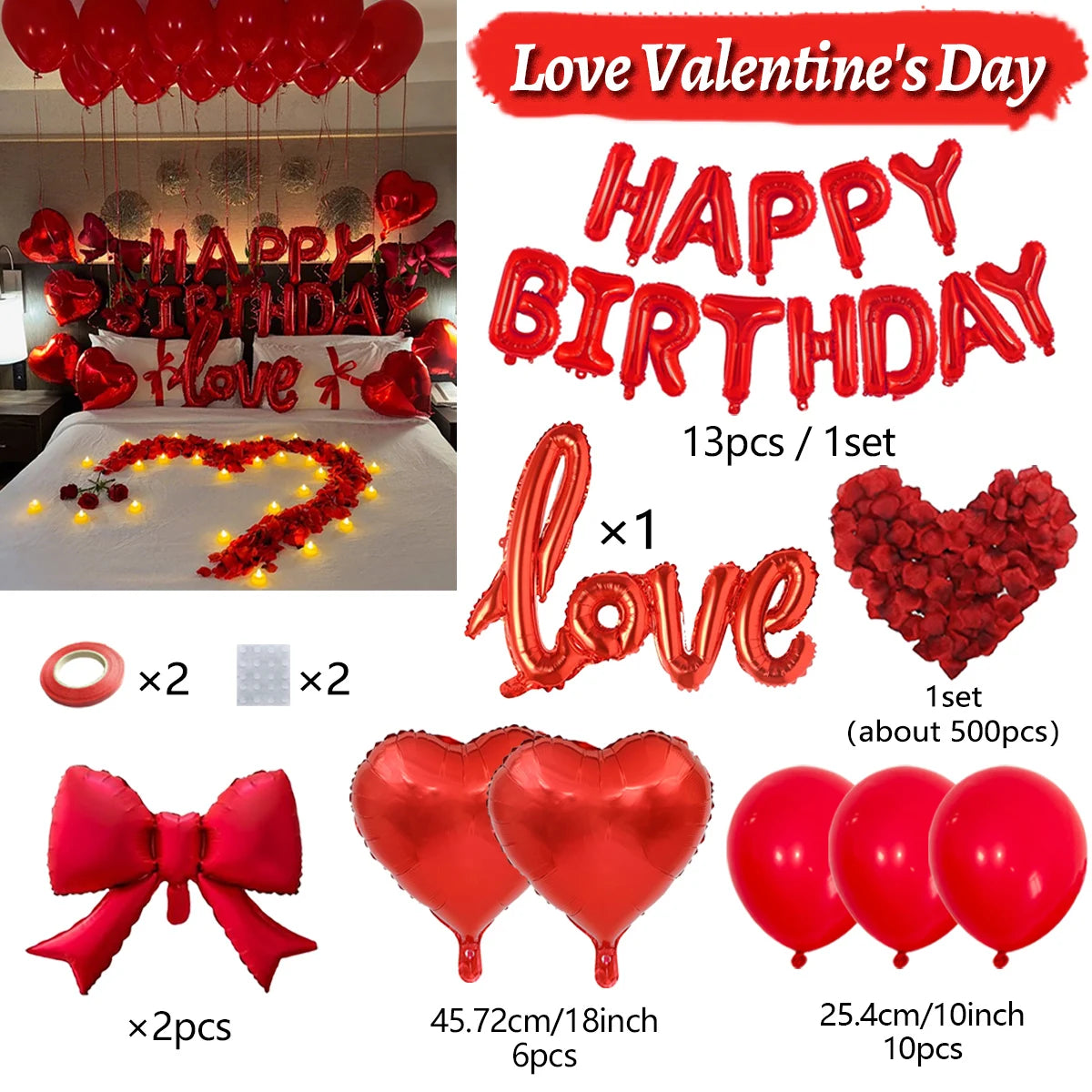 Red Birthday Balloon Set - Heart Foil Balloons with Bow & Simulated Rose Petals for Valentine’s Day Party Decor