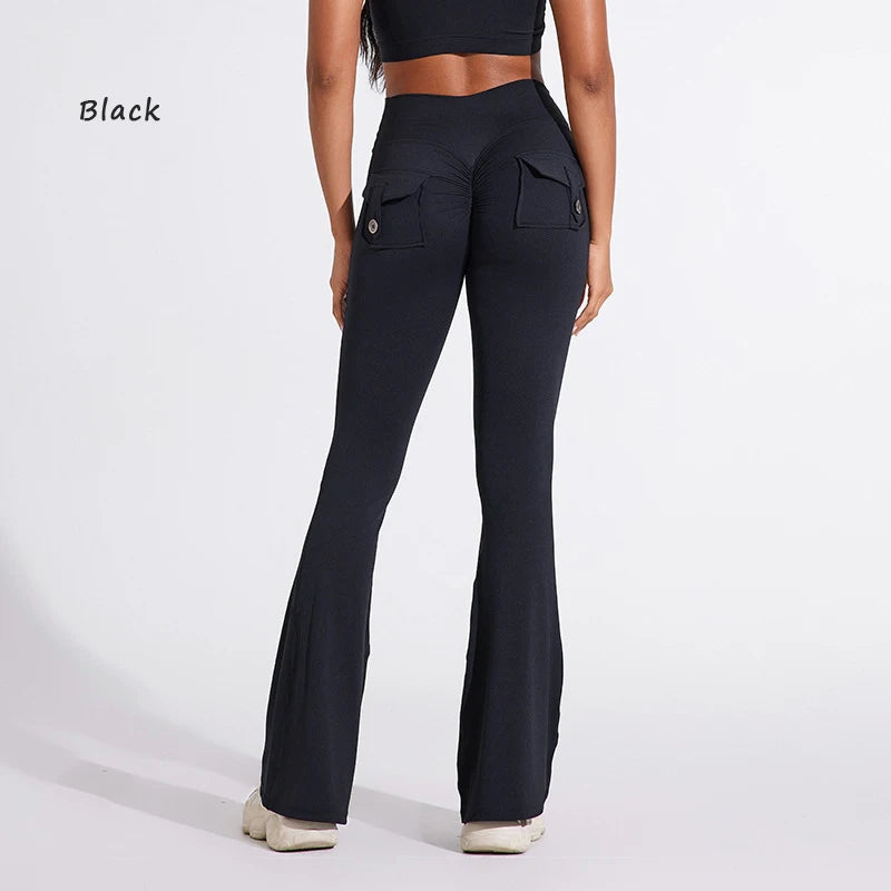 DIAS FIT JOY Women’s High-Waisted Bell Bottom Yoga Pants – Pocket Hip-Lifting Quick-Dry Fitness Gym & Running Leggings
