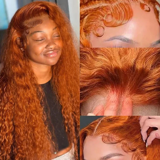 Ginger Orange Water Wave Lace Front Wig – #350 Colored 13x6 & 13x4 Transparent Human Hair Wig, Pre-Plucked Deep Curly Style