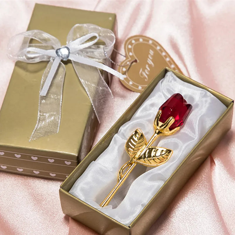 Valentine's Day Crystal Glass Rose with Silver or Gold Rod - Elegant Artificial Flower Gift for Girlfriend or Wedding Guests