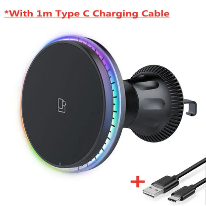 30W RGB Magnetic Car Wireless Charger – Fast Charging Stand Mount for iPhone 12-15 Pro Max, MagSafe Compatible