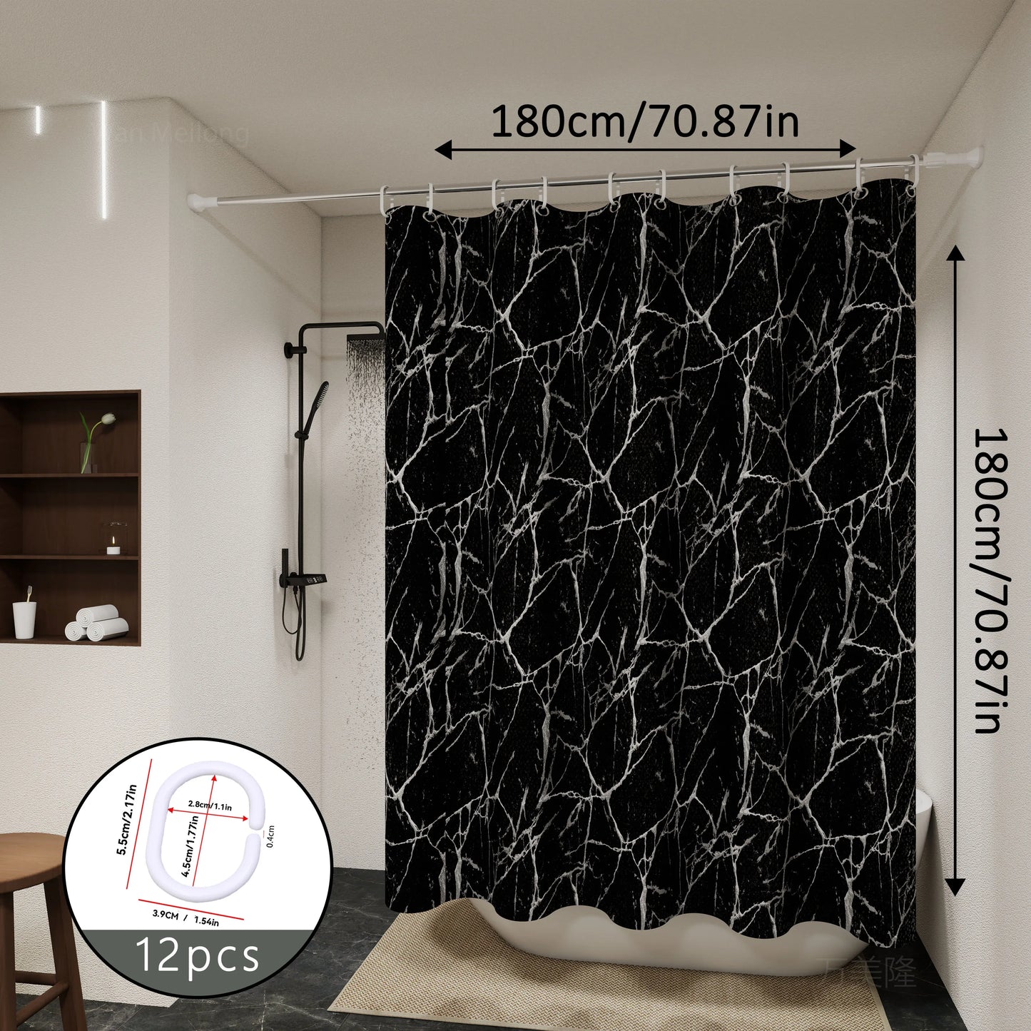 Black Marble Shower Curtain - Stylish Bathroom Partition & Toilet Privacy Curtain