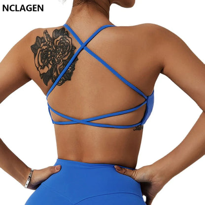 Stay Supported and Stylish: NCLAGEN Ladies Sports Bra with Sexy Criss Cross Straps - High Impact Support for Yoga, Running, and Fitness