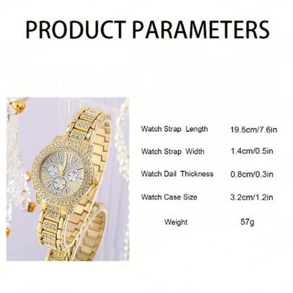 Women's Gold Quartz Watch Jewelry Set – Luxury Wristwatch with Ring, Necklace & Rhinestone Earrings