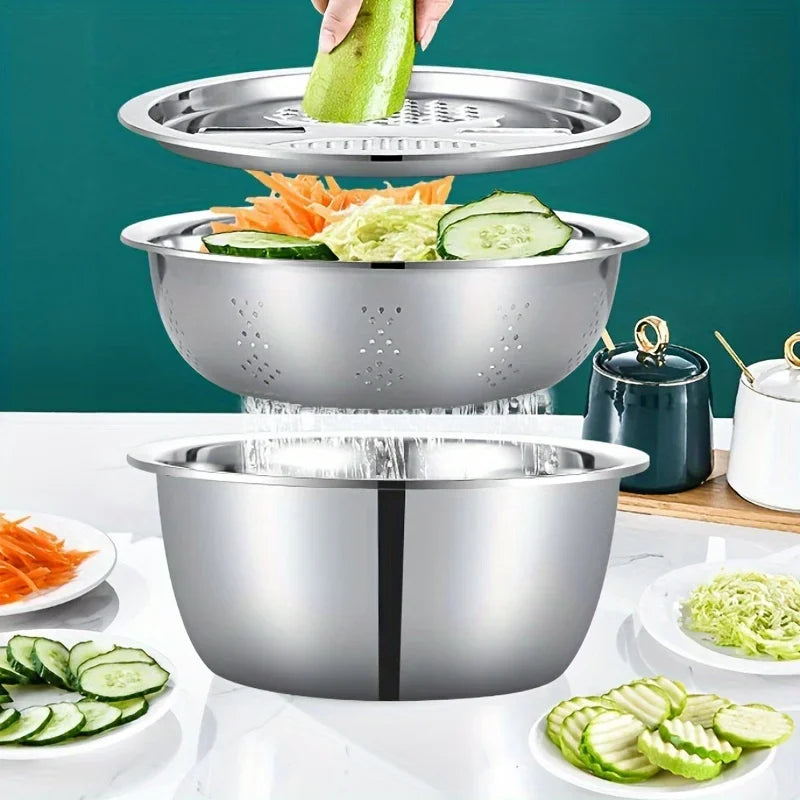 3-Piece Stainless Steel Mixing Bowl & Strainer Set – Multifunctional for Washing, Slicing & Prepping Fruits & Vegetables