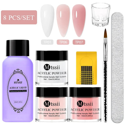 Nail Crystal Powder Kit – Acrylic Liquid Set with Pink & White Powder, Nail Brush for Extension & Carving, Beginner Set