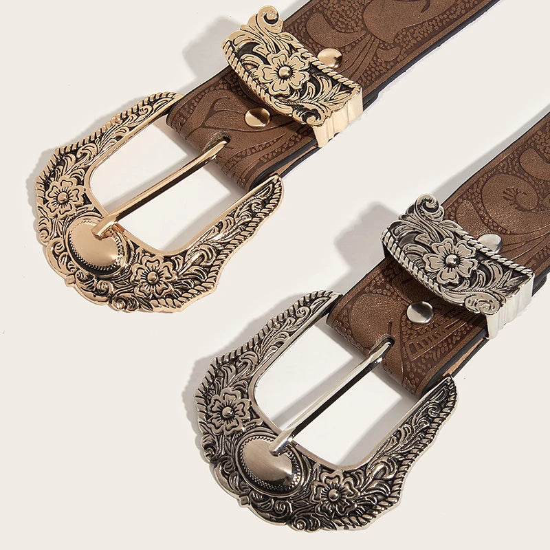 Western Brown PU Leather Vintage Belt for Women — Cowgirl Waist Belt with Metal Carved Buckle, 3-Set Designer Belts for Jeans