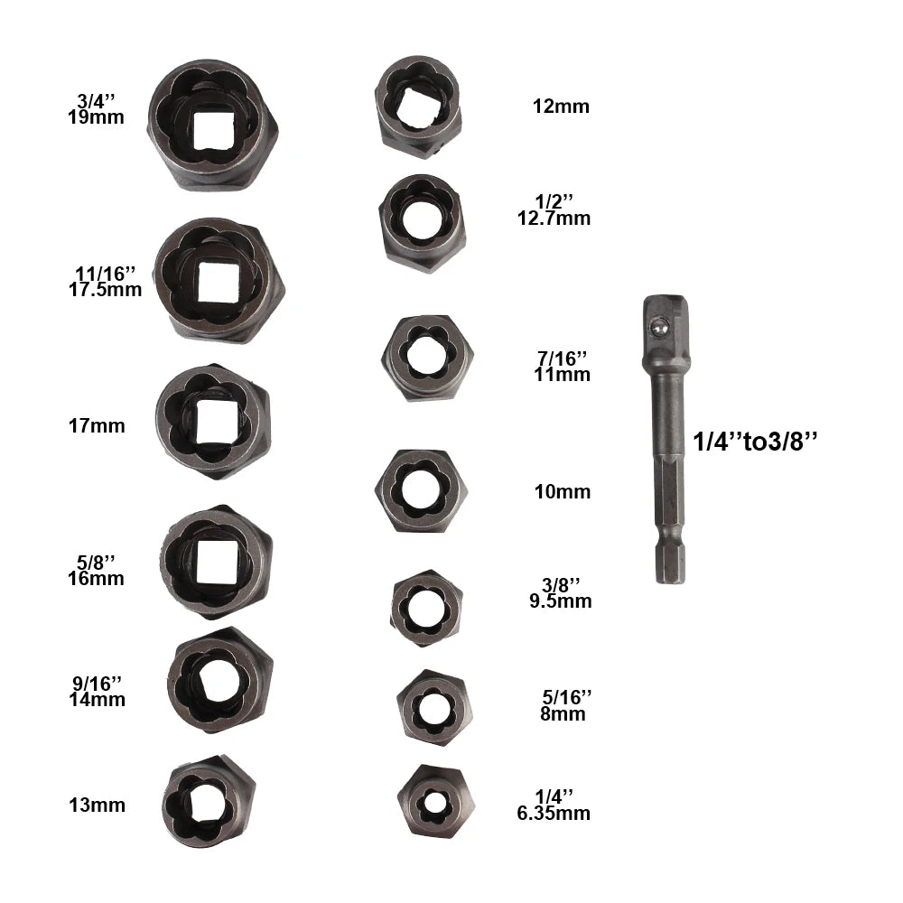 14-Piece Bolt & Nut Remover Socket Set - Cr-Mo Steel Damaged Screw Extractor Car Tool Kit