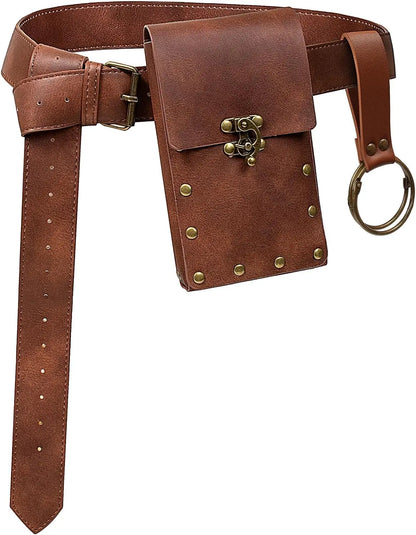4PCS Medieval Cosplay Leather Belt Set – Copper Coin Waist Bag, Renaissance & Steam Role Playing Halloween Costume Accessories