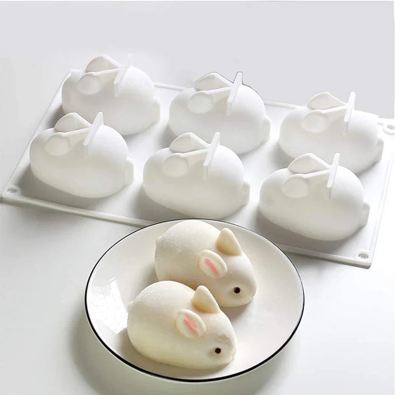 6-Cavity Silicone Rabbit Mold – Bunny Fondant, Chocolate & Mousse Cake Baking Mold, DIY Dessert & Candle Decoration Tool