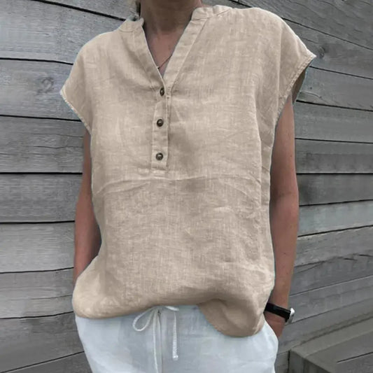 Women’s Cotton Linen V-Neck T-Shirt Blouse – Solid Color Short Sleeve Summer Quick-Dry Casual Top