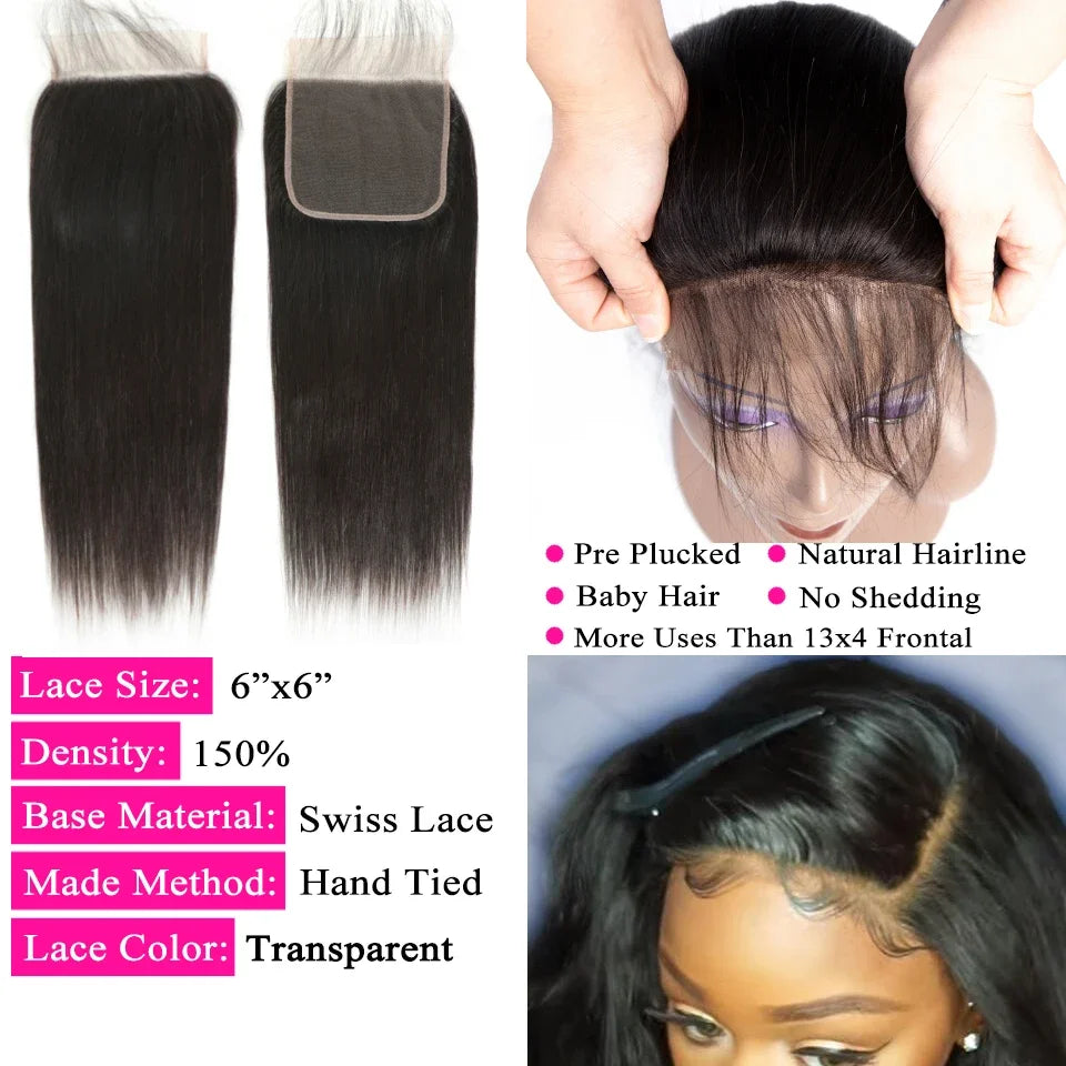 Queenlike Straight Human Hair Bundles With Lace Closure - Brazilian Weave 30 40 Inch 5x5 6x6 13x4 Frontal Hair Extensions