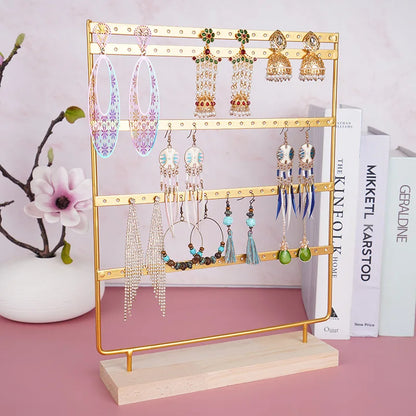 5-Tier Earring Display Stand - 100 Holes Metal Jewelry Organizer with Wooden Base Storage Rack