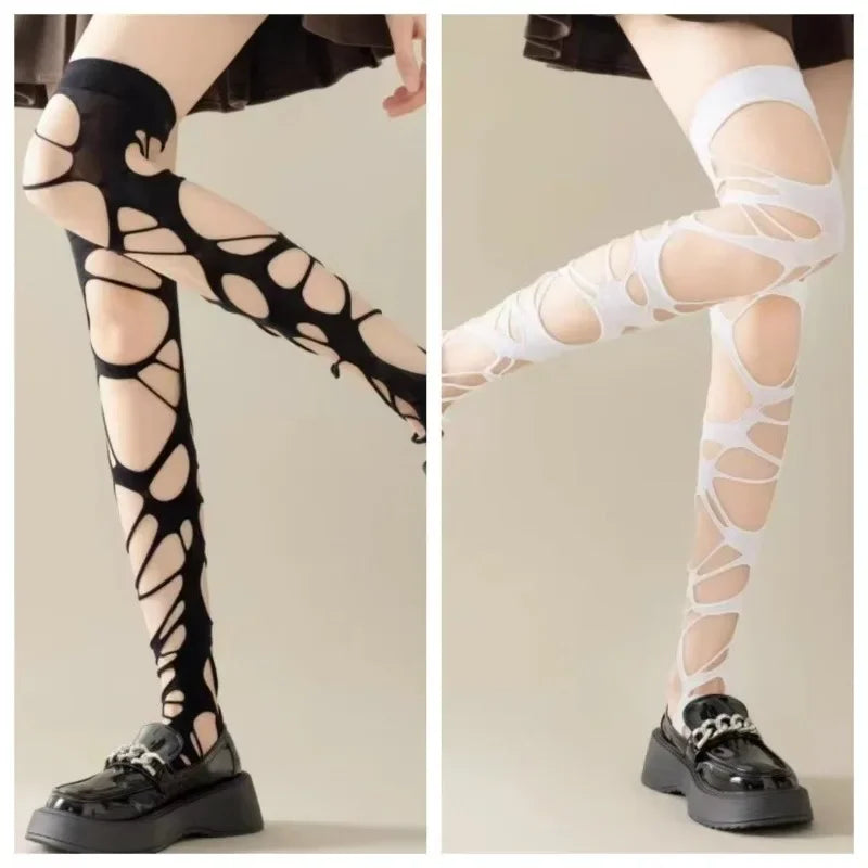Gothic Lolita Style Fishnet Thigh High Stockings for Women, Irregular Hole Lingerie Long Socks Erotic Hosiery Women's Underwear