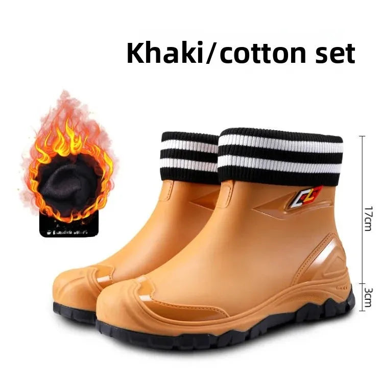 Men’s Ankle-High Fleece-Lined Rain Boots – Waterproof, Anti-Slip, Wear-Resistant Work & Fishing Shoes