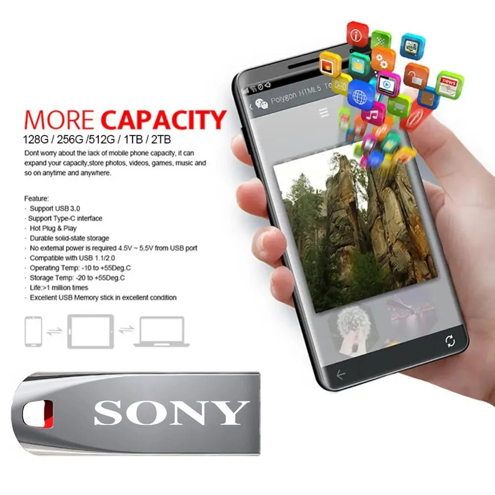 SONY 2TB USB 3.0 Flash Drive, High-Speed Metal Pendrive, Waterproof Portable USB Memory Stick