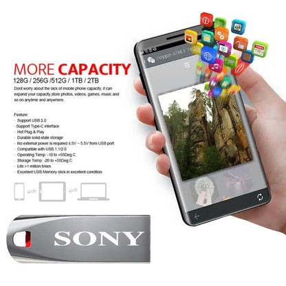 SONY 2TB USB 3.0 Flash Drive, High-Speed Metal Pendrive, Waterproof Portable USB Memory Stick