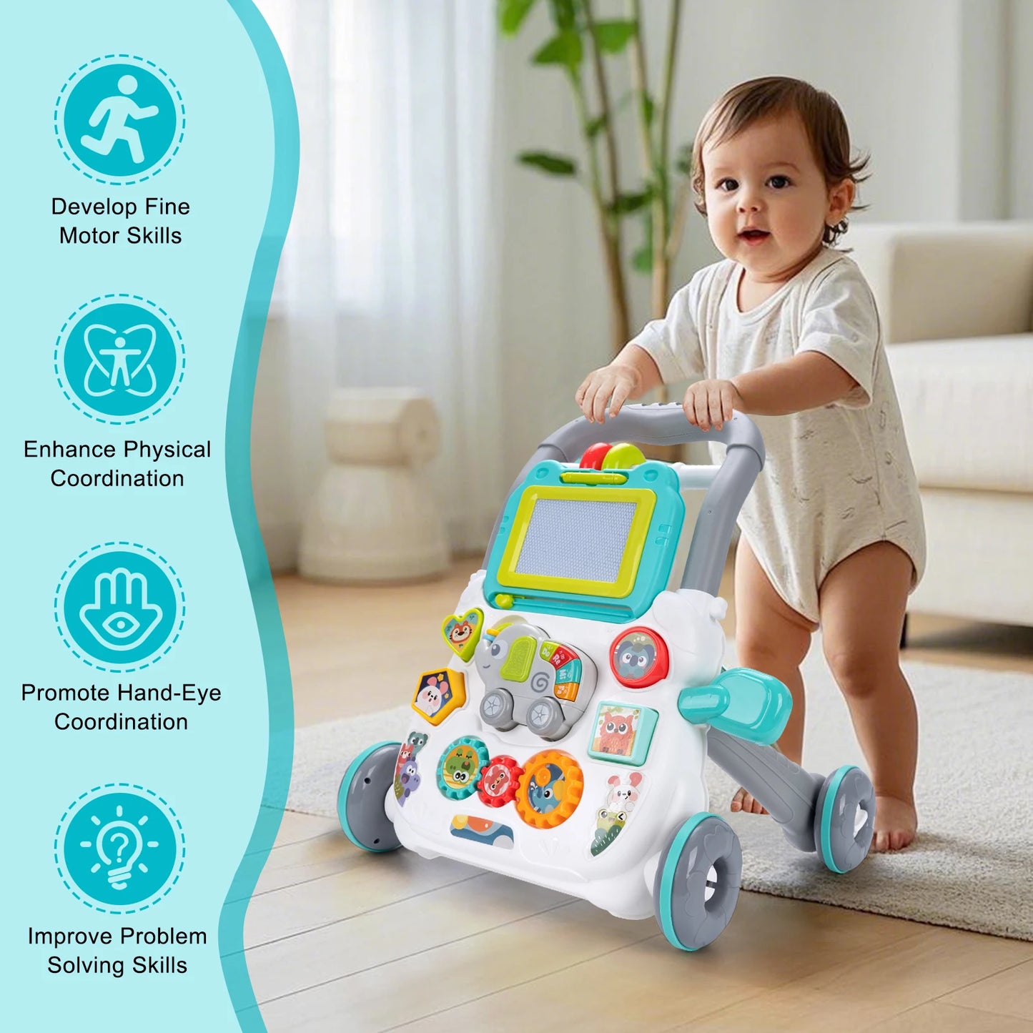 Baby Push Walker Toy - Multifunction Musical Learning Walker with Drawing Board for 12M+ Toddlers