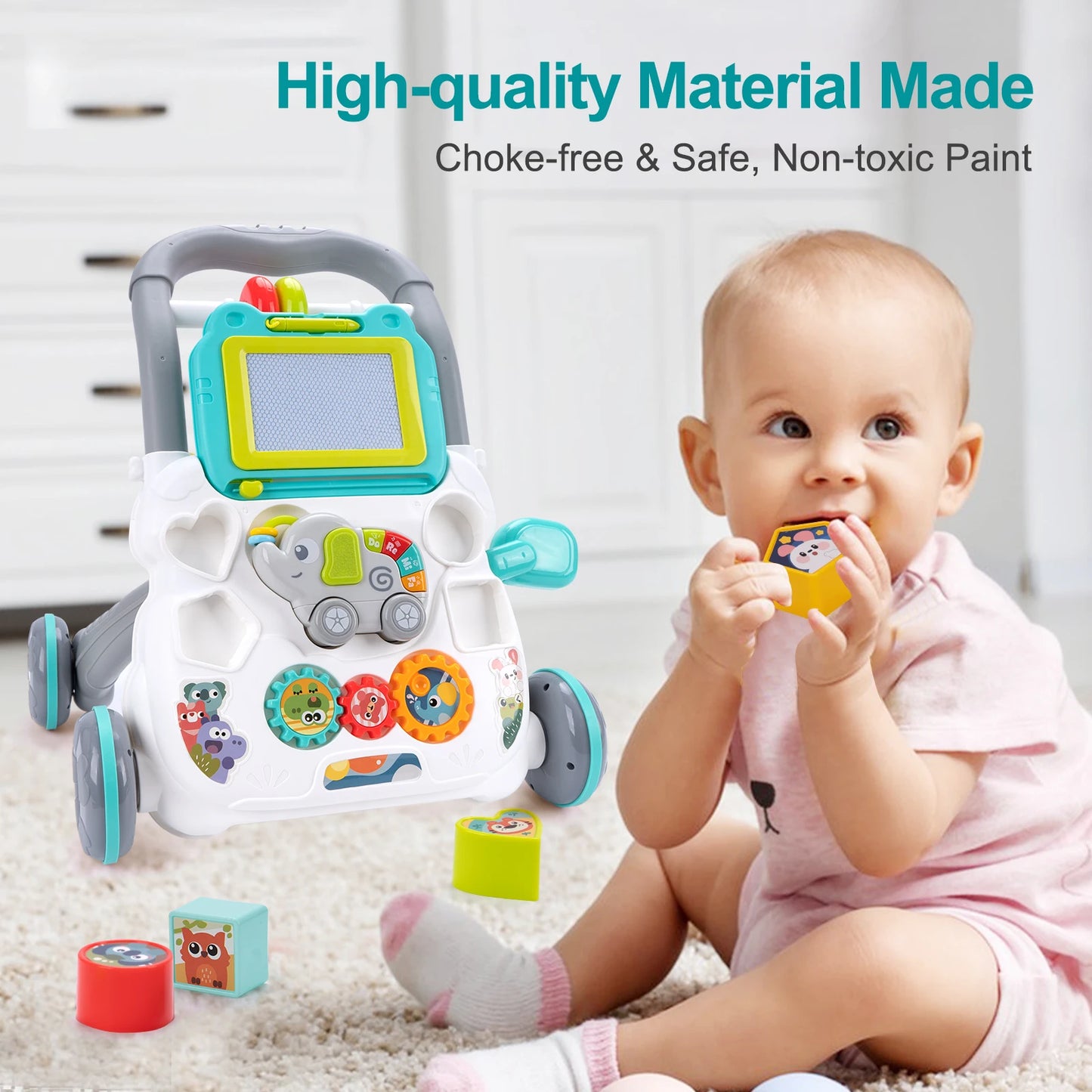 Baby Push Walker Toy - Multifunction Musical Learning Walker with Drawing Board for 12M+ Toddlers