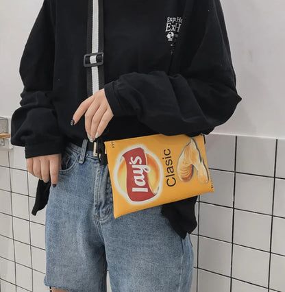 Funny Potato Chips Crossbody Handbag: Canvas Shoulder Bag with Mini Cartoon Printing - Girl Envelope Bags, Cute Purse for Women
