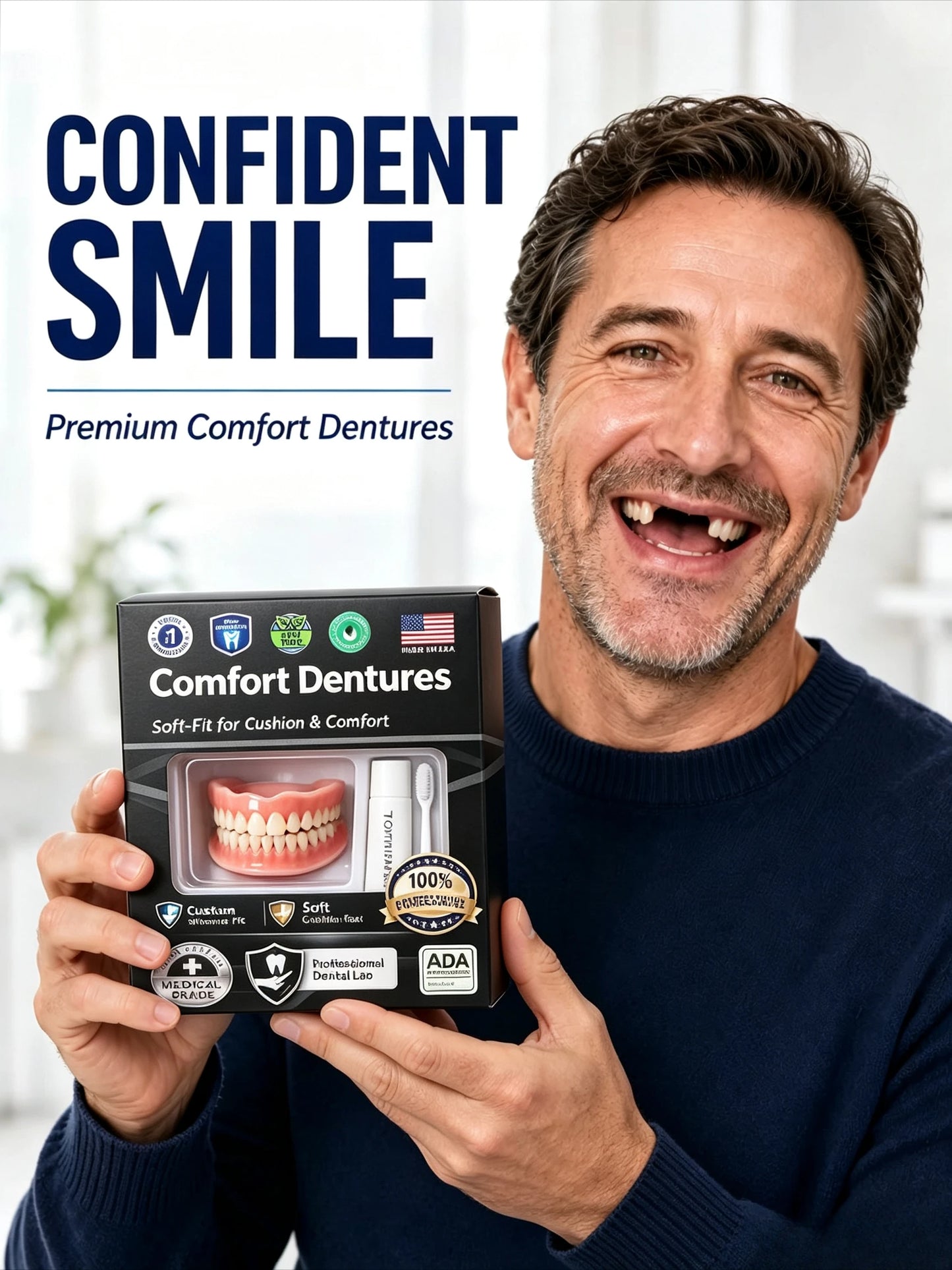 Adjustable Temporary Full Denture Set - Comfortable Natural-Look Cosmetic Teeth