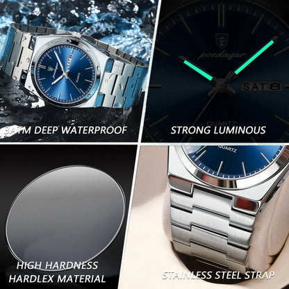 POEDAGAR Luxury Men's Watch – Waterproof Luminous Quartz with Date and Week, Stainless Steel, Casual with Box