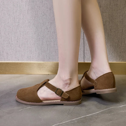 AIYUQI Women’s Retro Leather Sandals 2024 — Flat Sole Hollow Roman Style Summer Shoes