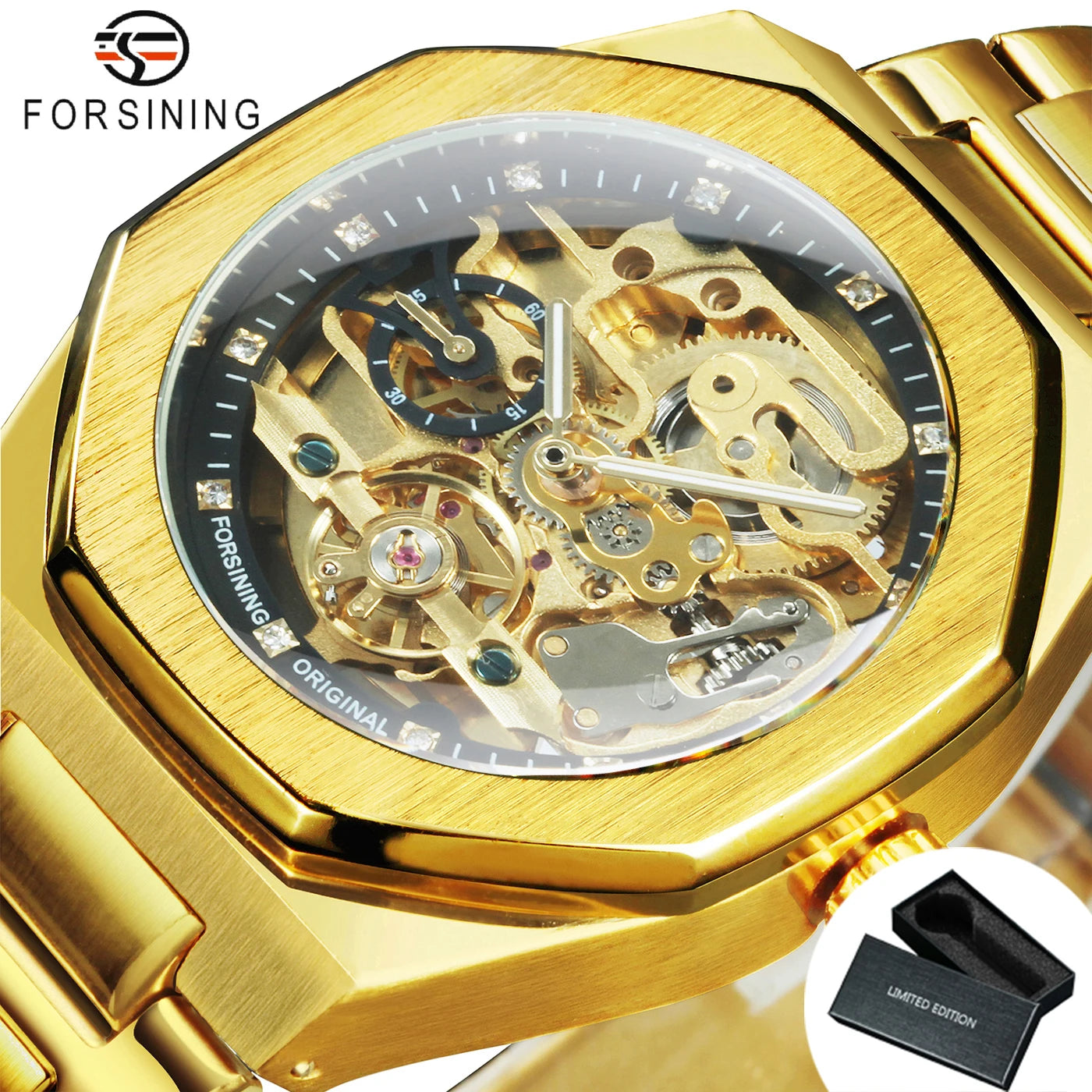 Forsining Men’s Automatic Mechanical Watch – Luminous Hands, Stainless Steel Strap, Luxury Skeleton Fashion Watch