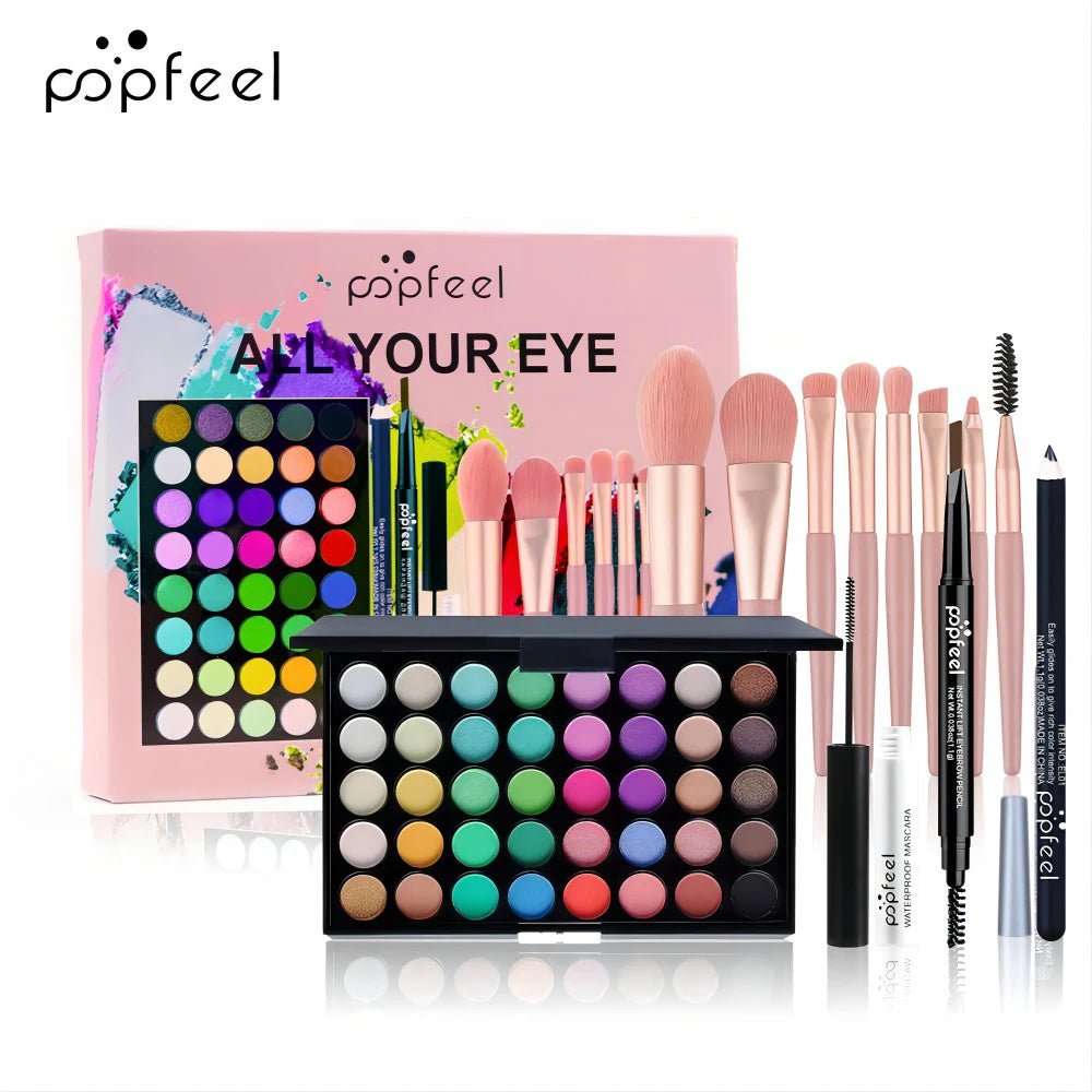POPFEEL 40-Color Eyeshadow Palette & Eye Makeup Kit — Eyebrow Pencil, Eyeliner, Mascara + Brushes