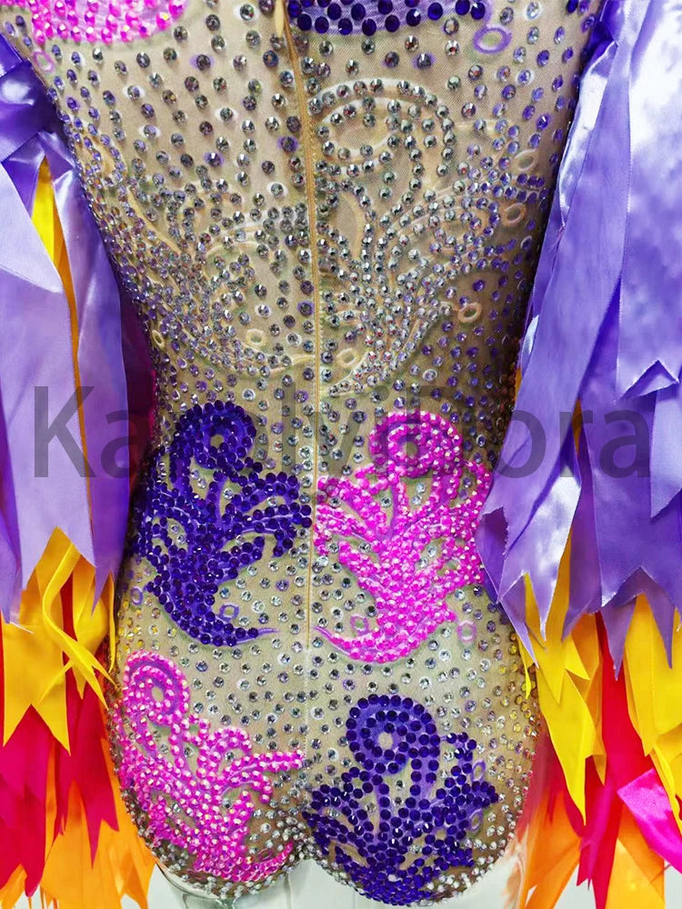 Colorful Feather Sleeve Rhinestone Bodysuit – Women’s Nightclub Party Dance Performance Costume