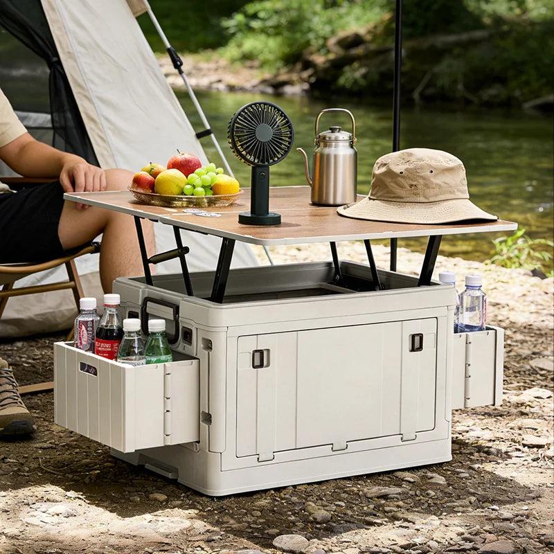 Folding Storage Box - Flat Outdoor Camping, Trunk Organizer & Gift Storage Box with Wooden Lid
