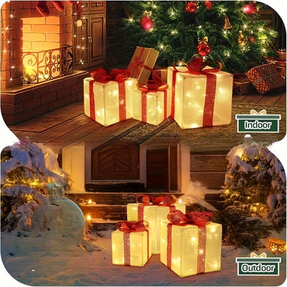 3-Piece LED Christmas Gift Box Set - Holiday Lighting Display for Christmas & Thanksgiving (3 AA Batteries Required)
